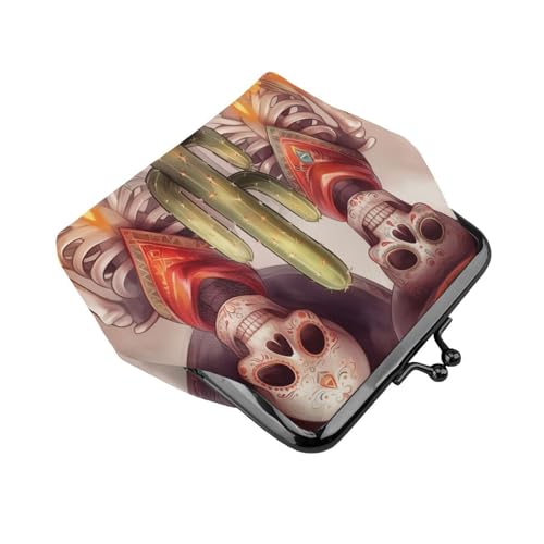 Pu Leather Buckle Coin Purse Skull-Marigold-Candle-Cactus Girls Kiss-Lock Change Purse Wallets3
