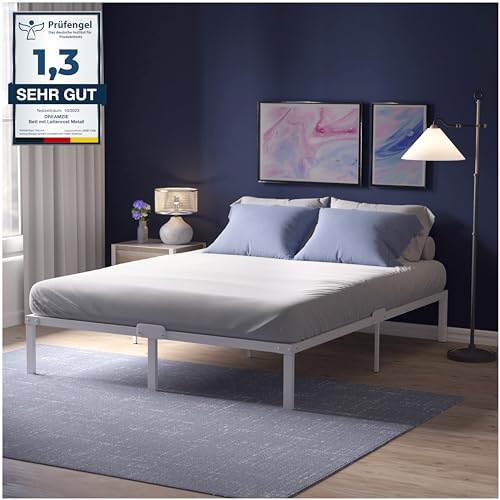 Dreamzie Metalowe łóżko 180 x 200 cm, białe, ze stelażem – rama łóżka 180 x 200 cm z nóżkami – wysokość 41 cm – stabilne, łatwy montaż, dużo miejsca do przechowywania