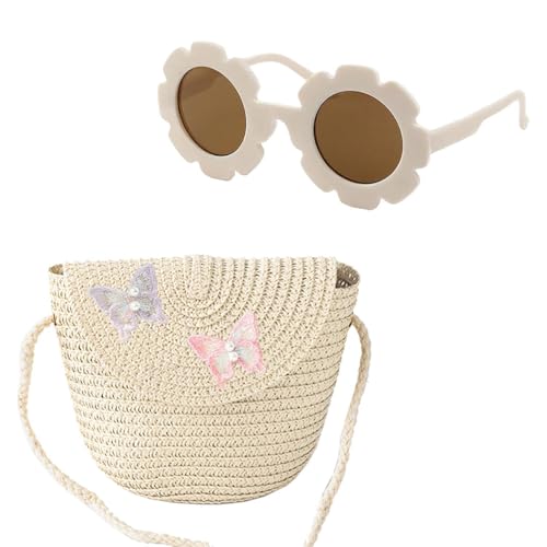 1 Bolso De Hombro De Paja De Mariposa con 1 Gafas De Sol En Forma De Flor, Bolso De Paja para Niñas, Mini Bolso De Hombro para Niños, Lindo Bolso De Almacenamiento Pequeño