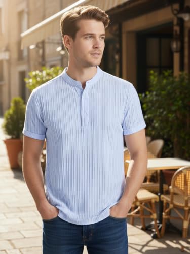 Image of Leriya Fashion Premium Cotton Shirt for Man | Mandarin Collar Short Sleeve Button Closure Tshirt | Casual T-Shirt Textured Knit for Office, College, Travel Outfit | Men Regular Fit Shirts