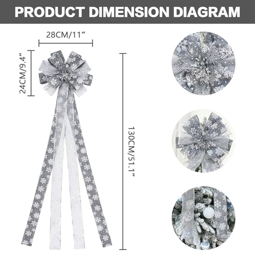 Christmas-Tree-Topper-Bow-Large-Christmas-Bow-Tree-Topper-for-Xmas-Ornament-Holiday-Home-Wedding-Thanksgiving-IndoorOutdoor-Decoration-Grey-Silver Christmas Tree Topper Bow Large Christmas Bow Tree Topper for Xmas Ornament Holiday Home Wedding Thanksgiving IndoorOutdoor Decoration Grey Silver