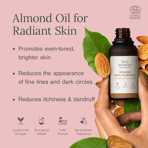 Juicy Chemistry Sweet Almond Oil, 30 ml | 100% Pure, Cold-pressed, Certified Organic & Premium Theraupetic Grade Almond Oil for Skin & Hair | Moisturising Face and Body Oil for Skin and Hair
