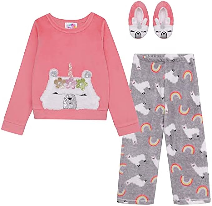 BTween Girls’ 3 Pack Sleepwear Set, Llamacorn Sweater and Slip-ons with Rainbow Velour Pajama Bottoms