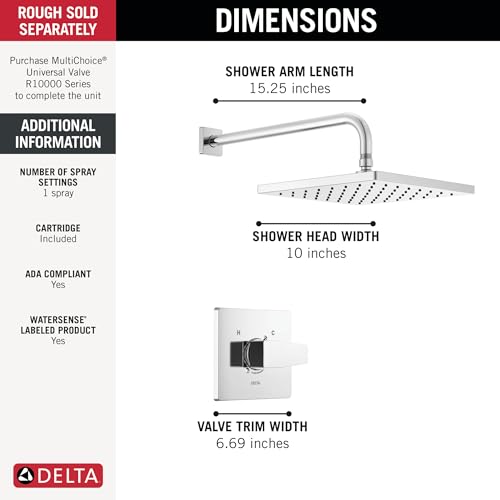 Image of Delta Modern 14 Series Square Rain Shower Faucet Set, Chrome Shower Head and Handle Set, Valve Trim Kit, Chrome T14268-PP (Valve Not Included)