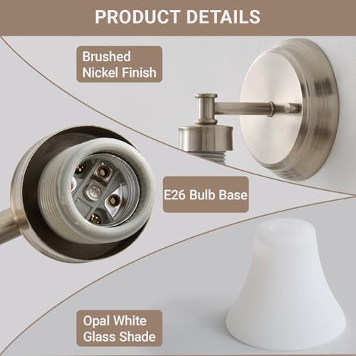 Image of LOUSACE 2 Pack 1-Light Brushed Nickel Bathroom Lighting Fixtures Vintage Bathroom Vanity Lights with Opal White Glass, Set of 2 Single Vanity Wall Sconces for Side Mirror Cabinet Stairs Living Room