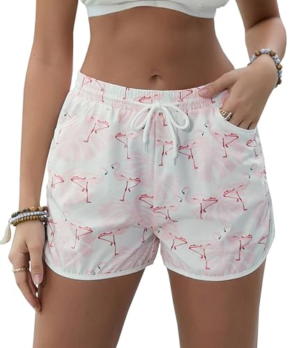 Cromoncent Women Beach Board Shorts,Summer Tropical Drawstring Shorts Hawaiian Swim Shorts for Women with Pockets