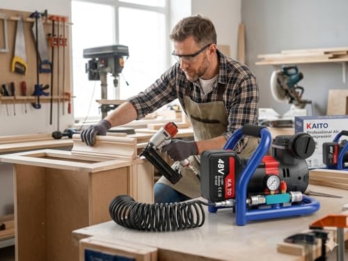Image of KAITO 48V Cordless Air Compressor Machine | Portable Heavy-Duty Mini Compressor Pump with 15-Cell Lithium-Ion Battery & Charger | 175 Max Pressure, 75dB | Cars, Bikes, Nailing & Spray Painting Black