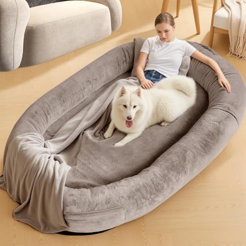 NESTROAD Human Dog Bed for Pets and Adults, 71"x45"x14", Washable Faux Fur Cover with Blanket and Pillow, Extra Large Human Size Beanbag Bed,Camel