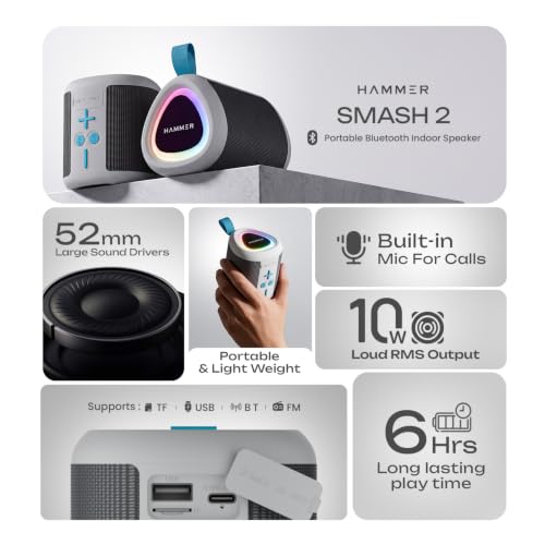 Image of HAMMER Smash 2 Bluetooth Speaker | 10W Powerful Sound | Bluetooth 6.0 | TWS Function | Multi-Color LED Modes | USB & TF Card Support | FM Radio | Type-C Charging | Portable Speaker | White