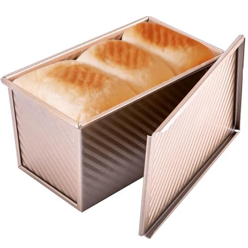 Pullman Loaf Pan with Lid, Non-Stick Bread Pans Bakeware, 1lb Dough Carbon Steel Baking Bread Toast Mold, Non-Stick Carbon Steel Corrugated Bread Toast Mold with Cover, Big Capacity Baking Tool (GL)