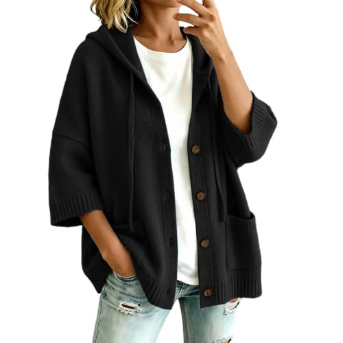 Women Hooded Button Front Knit Cardigan 3/4 Sleeve Loose Soft Sweater