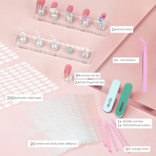 Image of Nail Stand with 480 Pcs Nails Sticky Tabs for Press On Display Practice Magnetic Fake Nail Holder for Painting,20 Sheets Nail AdhesiveTabs,Double-Sided Tape,Press On Nail kit Salon Home