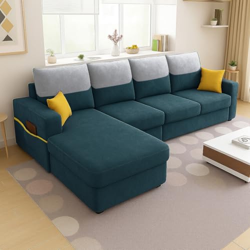 Image of Furny Tokiaa 6 Seater Fabric LHS L Shape Sofa Set (Tealish Green) | Soft Velvet Fabric | Modern Design | Comfortable Seating | Living Room Furniture