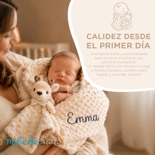 Miniatura 4 de Mibebestore Pack Manta Bebe Personalizada Con Nombre Con Doudou Bordado Regalo Personalizado Para Recien Nacido Niño O Niña Mantita Minky Suave 80x100cm Dou Dou 25x25 Cm Cuna Coche Detalle Tierno