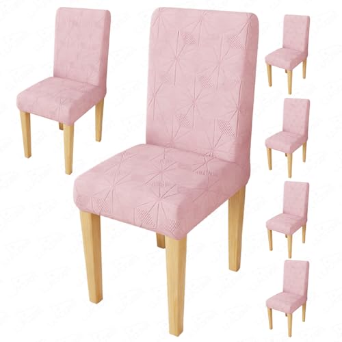 Image of Lukzer Elastic Dining Chair Cover - 6PC Pastel Pink Starlight | Textured High Stretch Jacquard Seat Cover | Removable Washable Short Dining Chair Cover Protector Seat Slipcover | (CC-144-06)