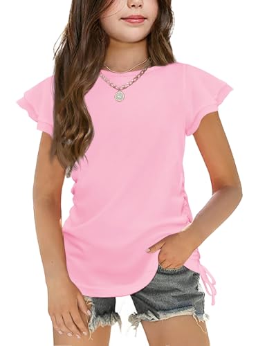 Image of Arshiner Girls T Shirts Ruffle Short Sleeve Ruched Knot Side Tunic Blouse Summer Tee Tops