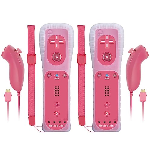 Gamrombo 2 Sets Wii Controllers Wii Remote Controller Built in Motion Plus and Nunchuck Controller Compatible with Nintendo Wii and Wii U-Red Pink