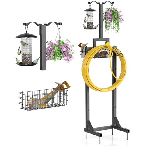 Garden Hose Holder Freestanding with Storage Basket & 2 Shepherds Hooks, Heavy Duty Garden Water...