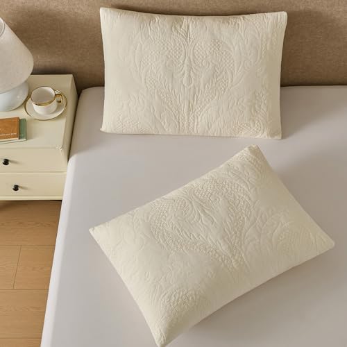 Quilted Pillow Sham Ivory Damask Standard Set of 2 Embroidered Floral Pillowcases Embossed Textured Cotton Vintage Pattern Cream 20×26 - Thumbnail 2