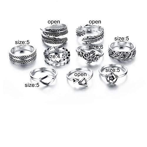 ANEL FALANGE GEOMÉTRICO FOLHAS FLOR PENA KIT 9 PÇS A3870