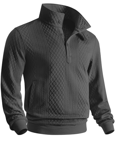 CANGHPGIN Mens Quarter Button Pullover Sweater Casual Stand Collar Sweatshirts for Men Long Sleeve Sweaters with Pockets Black