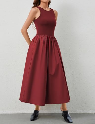 Image of MISSACTIVER Crewneck Sleeveless Maxi Dress for Women Summer Flowy Patchwork Tank Top Long Dresses with Pockets Red, X-Large