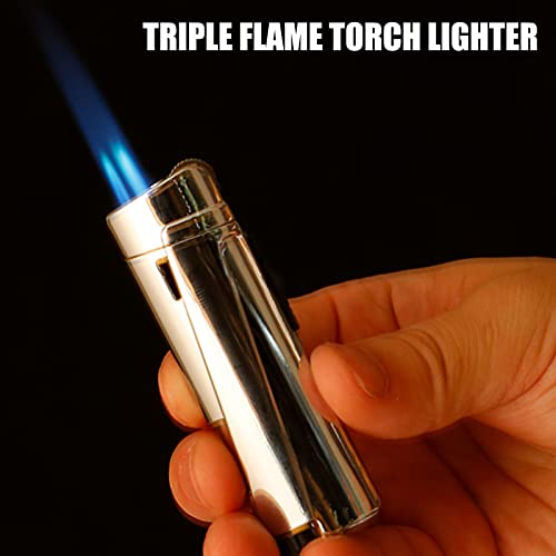 Bbsisgo Continuous Triple Jet Flame Flint Torch Lighter With Extra 6 Flints And Replacement Tools, Refillable Windproof Butane Lighter With Large Visible Fuel Window, Silver(Sold Without Gas) #TOP7