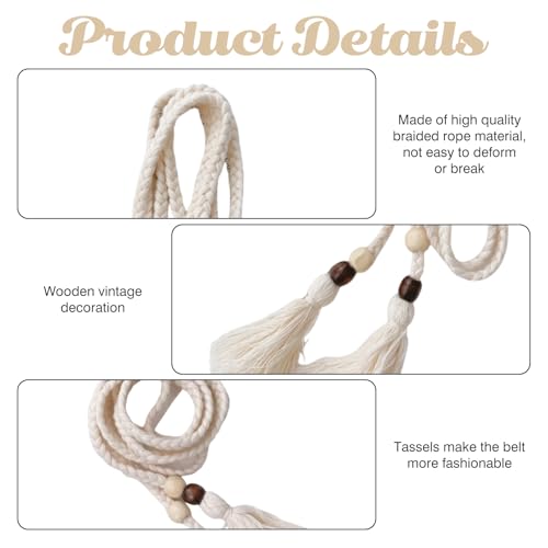 Gürtel Geflochten Damen,150cm Gürtel für Kleid,Quaste Baumwollkordel Geknoteter Taillengürtel Weiß,Boho Taillengürtel,Seilkette Dünner Bindegürtel für Röcke T-Shirts Hemden,Mode Rockgürte für Damen