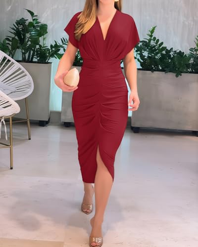 Image of CHICME Summer Dresses for Women Floral Print Plunge V Neck Midi Dress Casual Ruched Slit Bodycon Party Dress