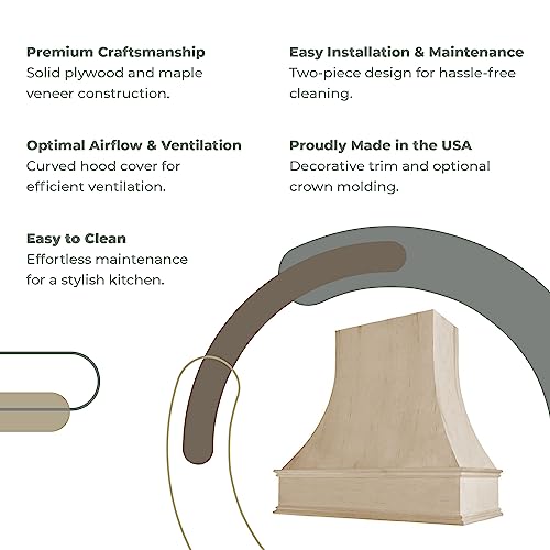 Riley & Higgs Curved Front Unfinished Range Hood Cover With Decorative Molding - Wall Mounted Wood Range Hood Covers, Plywood And Maple (Unfinished, 36 W X 36 H Inches) #TOP4