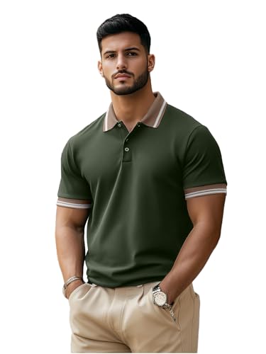 Image of Veirdo Pure Cotton Half Sleeves Regular Fit Plain Solid Classic Polo Colored Collar T-Shirt for Men (Colors: Olive, Black & White)