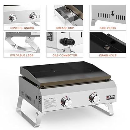 onlyfire Plancha Tischgasgrill, Mobiler BBQ Tischgrill Gas, Kleiner Gasgrill Balkon, Tragbarer Gas-Plancha, inkl. 2 Brenner aus Edelstahl, Grillfläche 45,8 x 36 cm, Keramische Lackbeschichtung, 4,7KW – Bild 4