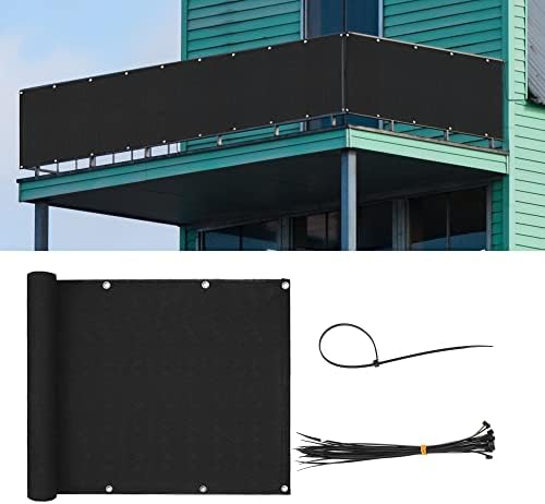 NUNGT 3'x16' Black Balcony Privacy Screen UV Protection Heavy Duty Fence Mesh Shade Net Cover for Deck, Patio, Porch, Terrace, Outdoor Backyard Shield 90%