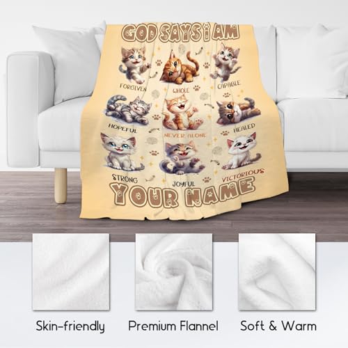 Custom Cat Blanket, Cozy Soft Throw Gifts for Kids, 30x40 Inch Cute Flannel Blanket for Cat Lovers, God Says I Am Throw Blankets for Couch Office