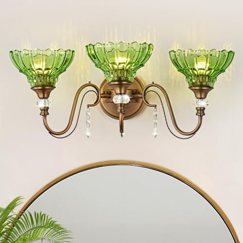 Image of Vintage Bathroom Vanity Light, 3-Light Matte Antique Brass Finish Wall Sconce with Hanging Crystal Accents and Flower-Shaped Green Glass Shades, Retro Wall Mount Vanity Light Over Mirror for Bathroom