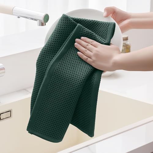 Image of Homaxy 100% Cotton Oversized Waffle Weave Kitchen Dish Towels, Ultra Soft Absorbent Quick Drying Cleaning Towel, 20 x 28 Inches, 6-Pack, Blackish Green