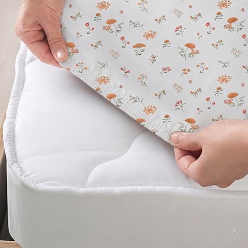 Image of IVAZA Ezyption Cotton Super Soft 240 TC Elastic Fitted All Around Elastic Printed King Size Double Bed Bedsheet with 2 Pillow Cover 72 inch X 78 inch3 White Rust