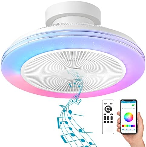 NUTCRUST Flush Mount Ceiling Fan with Light,Enclosed Ceiling Fan with Bluetooth Speaker, 6 Speed Reversible Blade Low Profile ,85 Kinds of Colorful Light Modes 19.8 Inch
