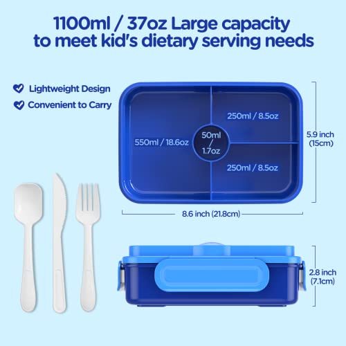 Jelife Bento Lunch Box for Kids - Leakproof Large Bento-Style with 4 Compartments Portions Lunchbox with Tableware Back to School, Reusable On-the-Go Meal and Snack Packing, Blue — view 4