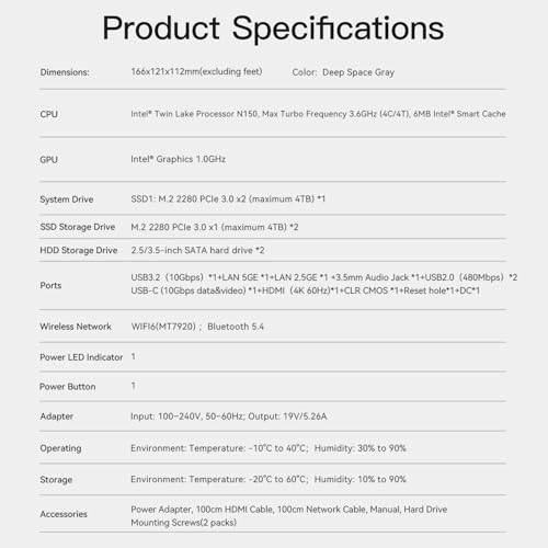 Beelink Mini-PC, ME Pro 2-Bay-NAS mit Intel N150, 16 GB LPDDR5, 1 TB SSD, 5G+2,5G Dual-LAN, WiFi 6/BT 5.4, Mini-Computer für Private Cloud, Soft-Router, bis zu 72 TB Speicherplatz für das Homeoffice