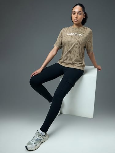 Image of TECHNOSPORT Women's Relaxed Fit Abstract Print Jacquard Crew Neck Half Sleeve T-Shirt for Gym, Sports & Regular Use