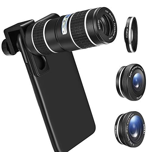 Phone Camera Lens Kit, TECHO 5 in 1 Cell Phone Lenses - 12X Zoom Telephoto Lens + Wide Angle Lens + Fisheye Lens + Macro Lens + Monocular Telescope Compatible with iPhone, Android, Samsung Smartphones