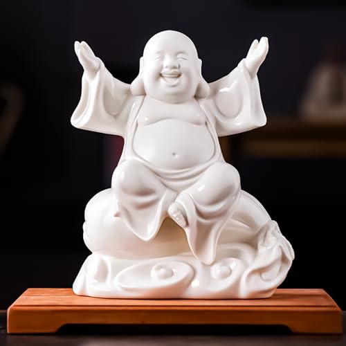 ARBTOTCE White Laughing Buddha Statue 8.2' Tall, Ceramic Lucky Happy Buddha Statue Sitting on Money Bag for Good Luck and Prosperity, Feng Shui Decor Home Office Car Indoor/Outdoor Decoration