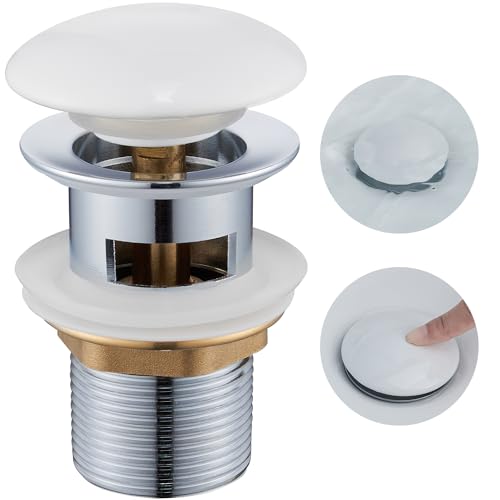 Ulytid Desagüe Lavabo con Rebosadero, Tapon Pop-Up Lavabo con Tapa de Cerámica, Válvula Desagüe Click Clack Lavabo Universal G1 1/4' para Baño y Aseo, Blanco