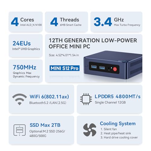 Image of Beelink MINI S12 Pro Mini PC Intel 12th Lake N100(up to 3.4GHz 4C /4T), Mini Computers 12GB LPDDR5 512GB SSD, 2.5G LAN /Dual HDMI 4K Displays, Micro PC Support AV1 deconding /WIFI6 /BT5.2 /Office /W11 Home