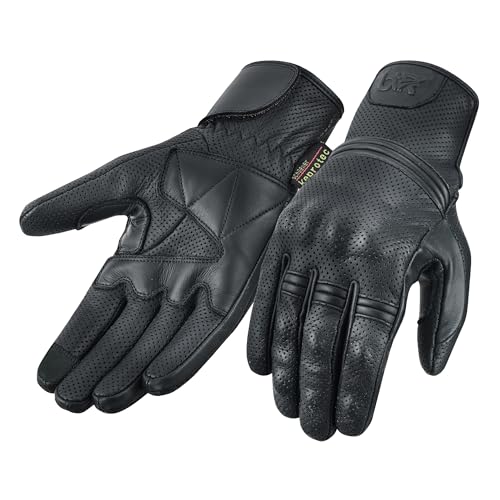 BTR BORN TO RACE Motorcycle Gloves Touch Screen Perforated Cowhide Leather Hidden Knuckle Protection Motocross Gloves (Black, XL)