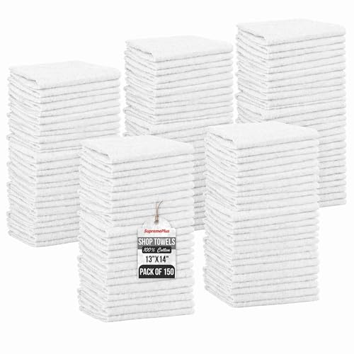 SupremePlus Premium White 100% Cotton Shop Rags Bulk, 150 Pack, 13”x14”, Reusable Lint Free Shop Towels, Commercial-Grade Cleaning Shop Cloths for Oil, Grease, Garage, Workshop, Industrial & Home Use