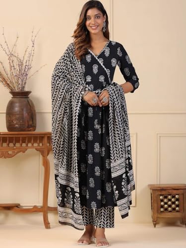 Image of Tee Projekt Women's Cotton Blend V-Neck Anarkali Kurta Pant with Dupatta Set