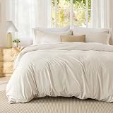 Bedsure Textured Duvet Cover Queen Size - Cotton-Like Polyester Jacquard Duvet Cover Set for All Seasons - 3 Pieces Elevated Textured Dobby Soft Bedding Set, NO Comforter (Beige, Queen, 90'x 90')