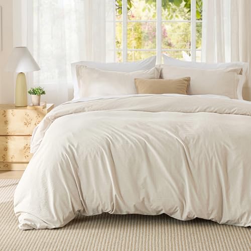 Bedsure Textured Duvet Cover Queen Size - Cotton-Like Polyester Jacquard Duvet Cover Set for All Seasons - 3 Pieces Elevated Textured Dobby Soft Bedding Set, NO Comforter (Beige, Queen, 90"x 90")